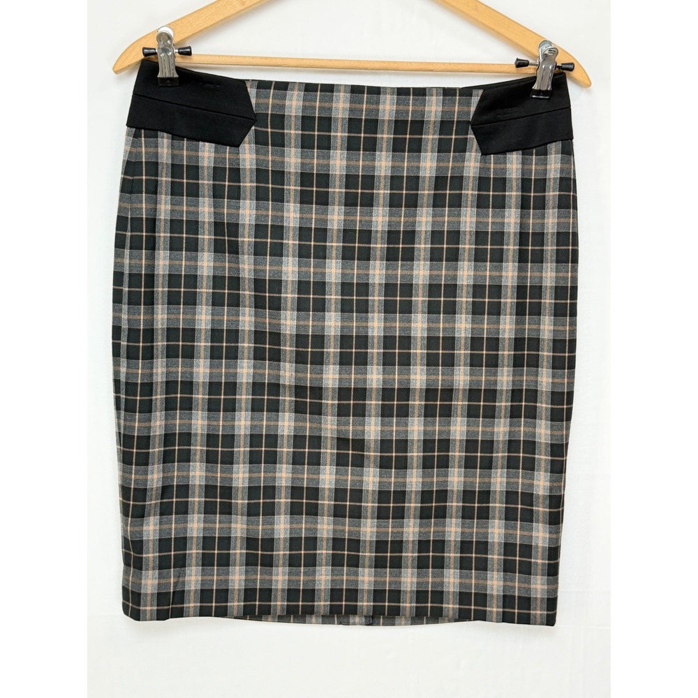 The Limited NWT Women Plaid Pencil Skirt 10 Black Grey Tan Check Contrast Waist